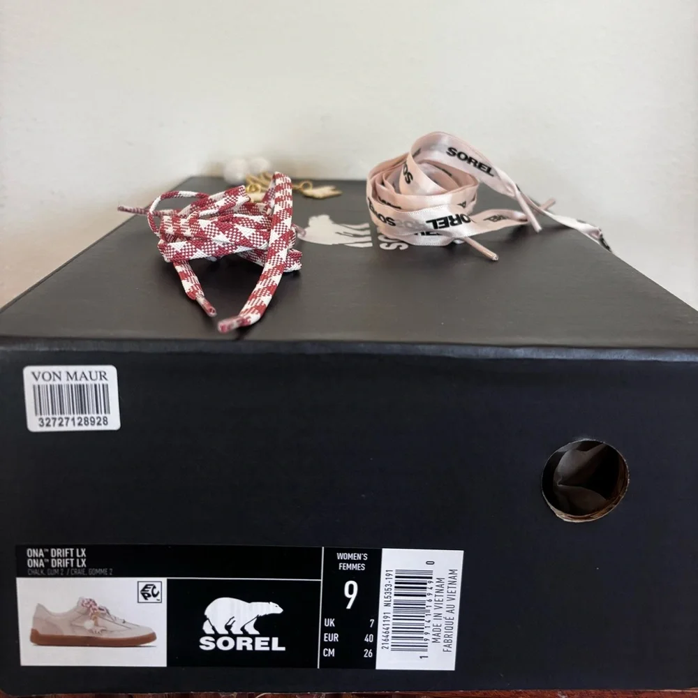SOREL ONA Drift Shoes Sneakers Cream White Coral Pink Ribbon Laces size 9 Womens
